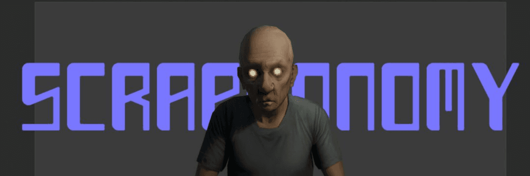 Scrapconomy - a character with glowing eyes stands before the game logo