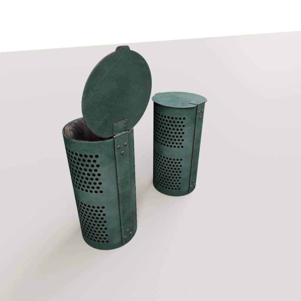 Green perforated metal trash bins with a lid
