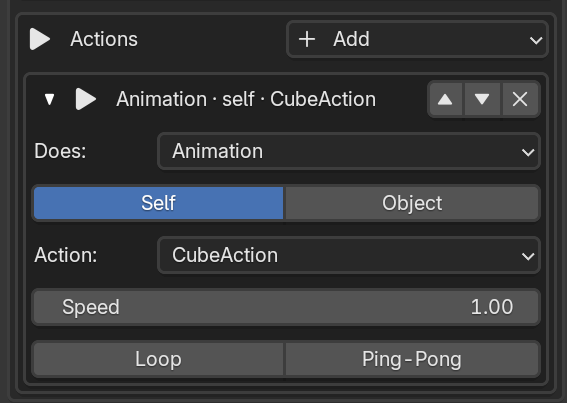 Animation action with Self/Object target, Action clip, Speed, Loop, and Ping-Pong.