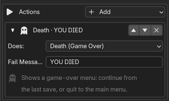 Death action with a Fail Message field.