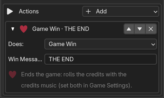 Game Win action with a Win Message field.