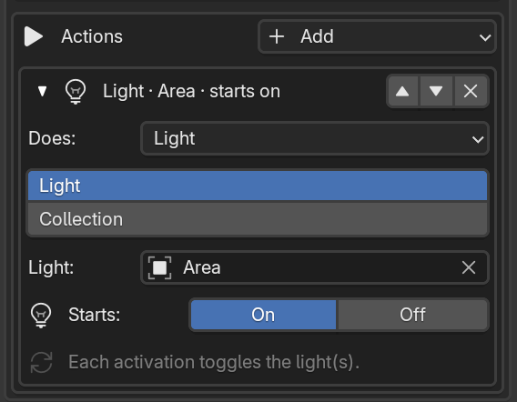Light action with Light/Collection target, a light picker, and a Starts On/Off option.