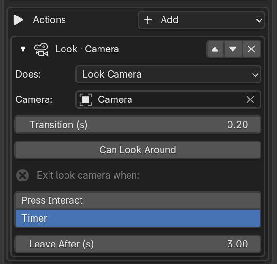 Look Camera action with a Camera object, Transition time, Can Look Around, and exit options.