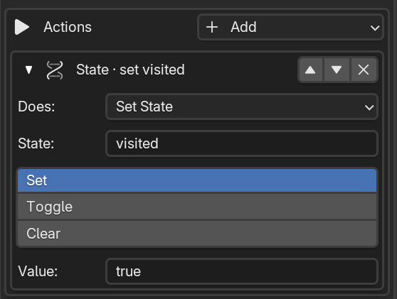 Set State action with a State name, Set/Toggle/Clear, and a Value field.
