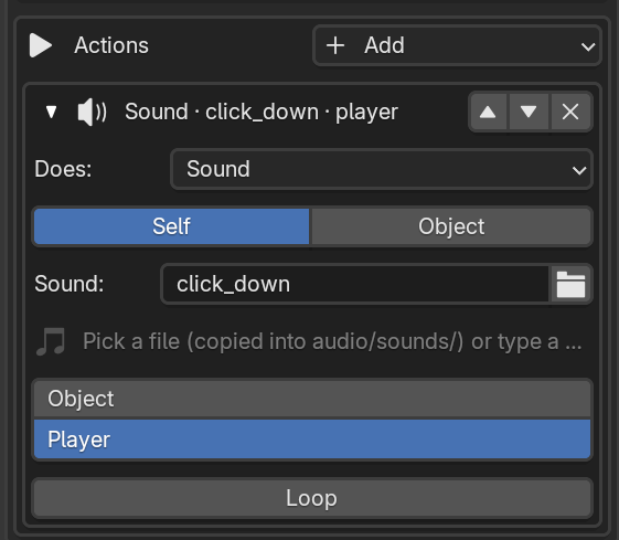 Sound action with Self/Object target, a Sound file, Object/Player location, and Loop.