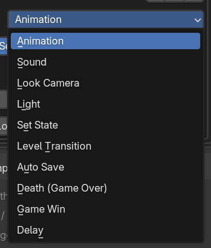 The Add Action menu listing Animation, Sound, Look Camera, Light, Set State, Level Transition, Auto Save, Death, Game Win, and Delay.