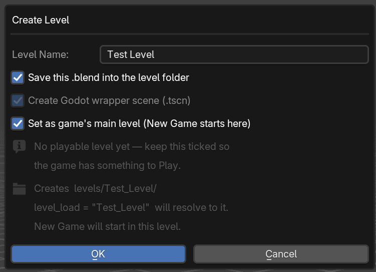 Create Level dialog with Level Name and three checkboxes.
