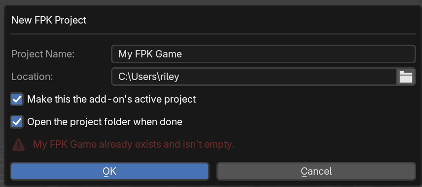 New FPK Project dialog with Project Name, Location, and two checkboxes.
