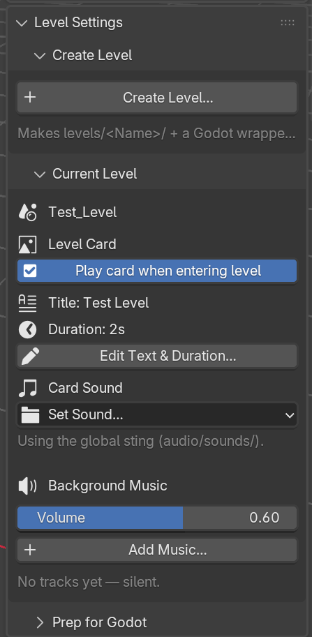 Current Level panel with Level Card, Card Sound, and Background Music sections.