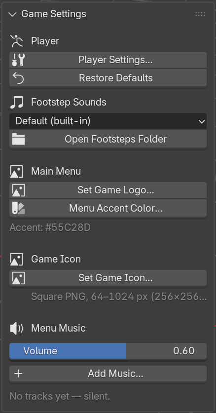 Game Settings panel with Player, Footstep Sounds, Main Menu, Game Icon, and Menu Music sections.