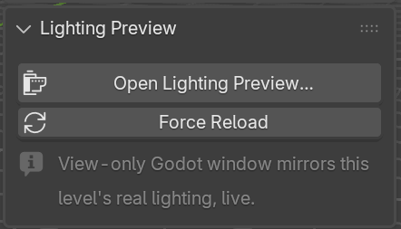 Lighting Preview panel with Open Lighting Preview and Force Reload buttons.
