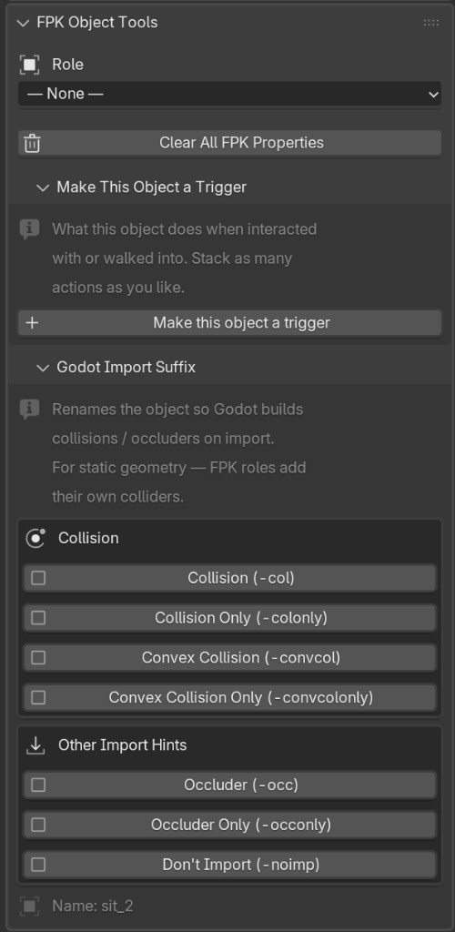 FPK Object Tools panel showing the Role dropdown, Clear All FPK Properties, the trigger sub-panel, and Godot import suffix options.