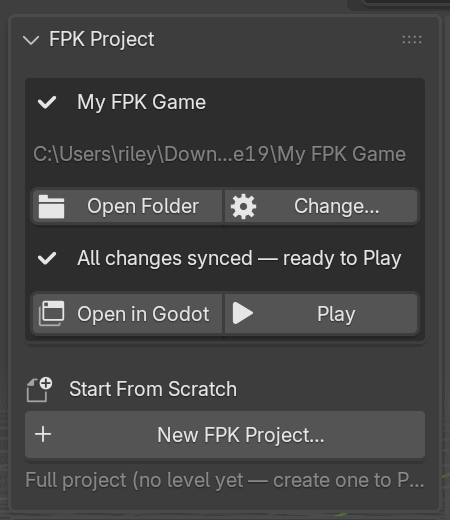 FPK Project panel showing the active project, sync status, Open in Godot and Play buttons, and a New FPK Project button.