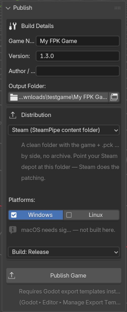 Publish panel with Build Details, Distribution profile, Platforms, build mode, and Publish Game button.