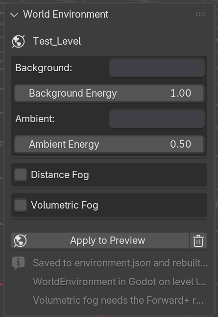 World Environment panel with Background, Ambient, Distance Fog, and Volumetric Fog controls.