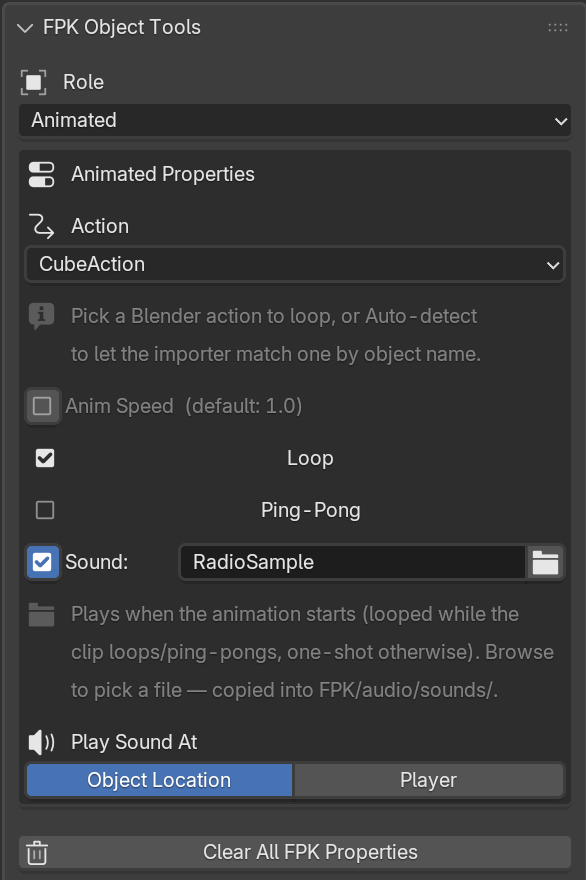 Animated role with Action, Anim Speed, Loop, Ping-Pong, Sound, and Play Sound At properties.