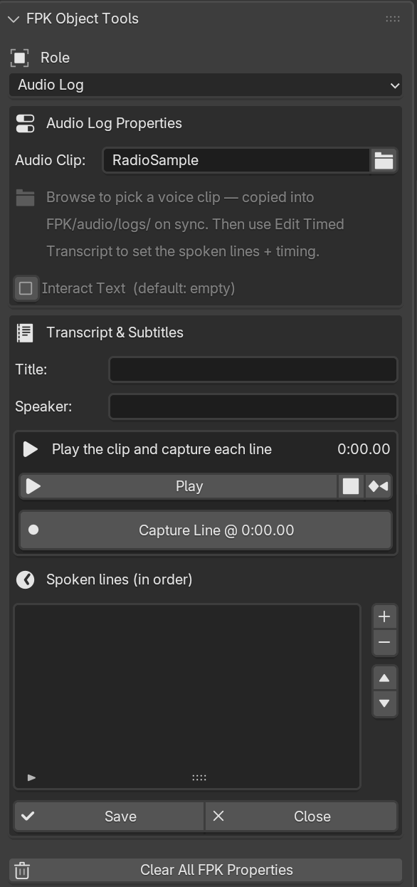 Audio Log role with an Audio Clip field and the Transcript and Subtitles editor.