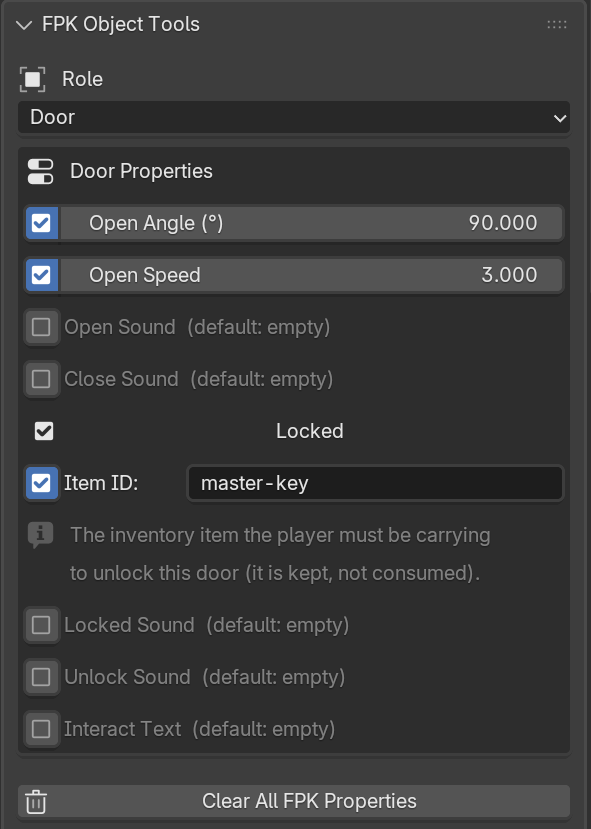 Door role with Open Angle, Open Speed, sounds, Locked, Item ID, and Interact Text properties.