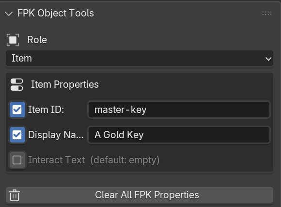Item role with Item ID, Display Name, and Interact Text properties.