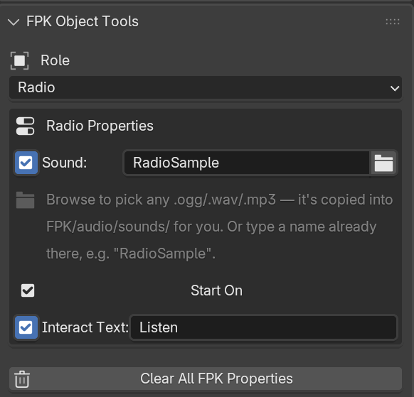 Radio role with Sound, Start On, and Interact Text properties.