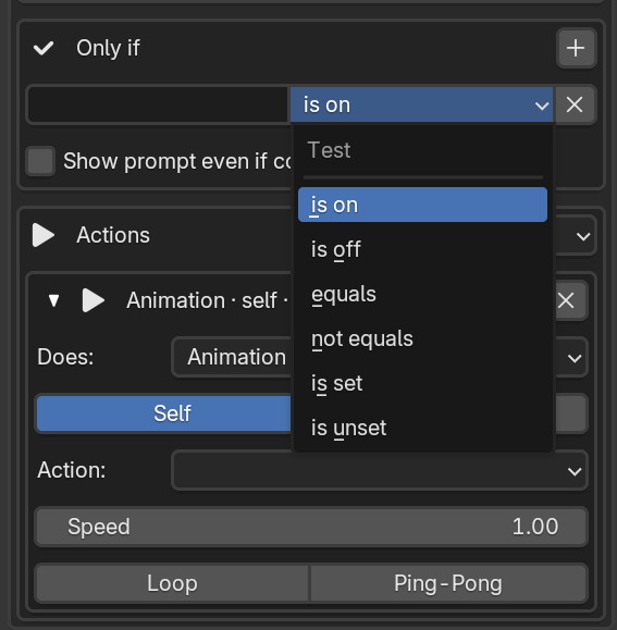 The Only if conditions block with a state name, an operator dropdown, and the show-prompt option.