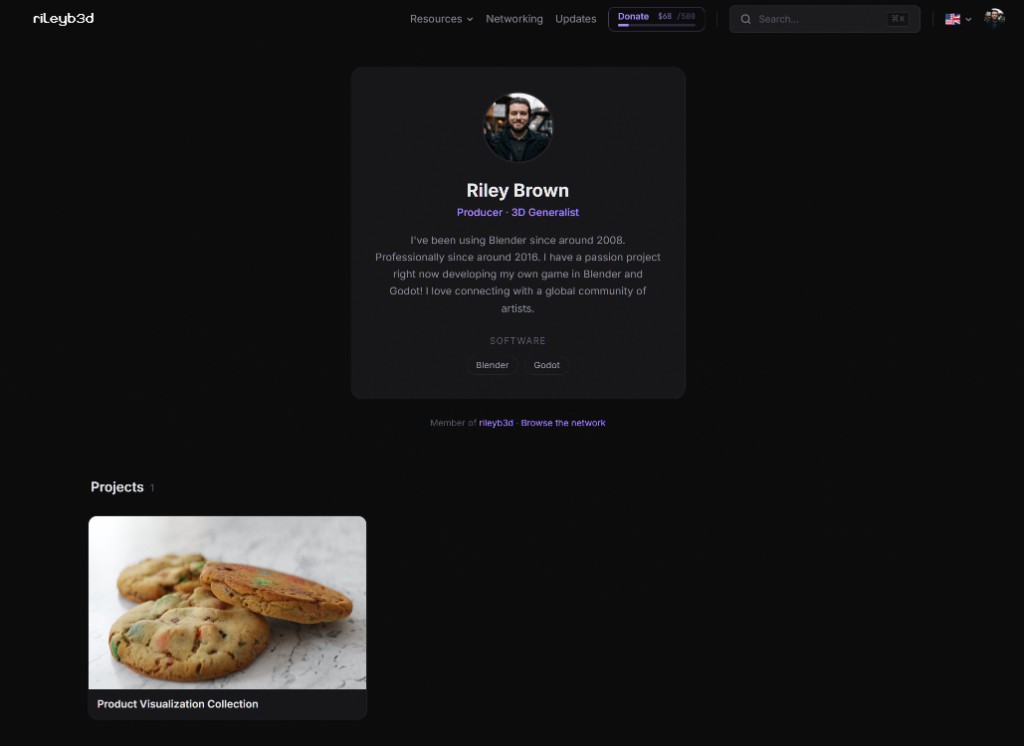 Example public profile with roles, bio, and software tags.