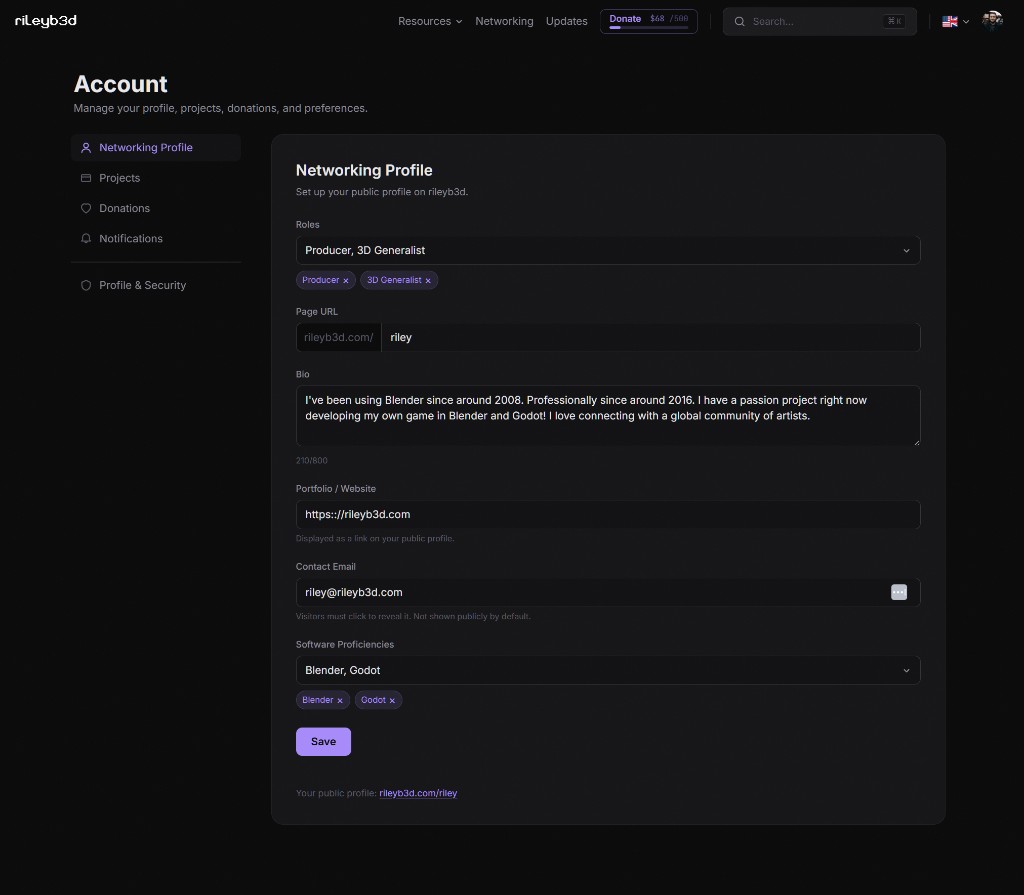 Account Networking Profile settings where you edit your public directory entry.